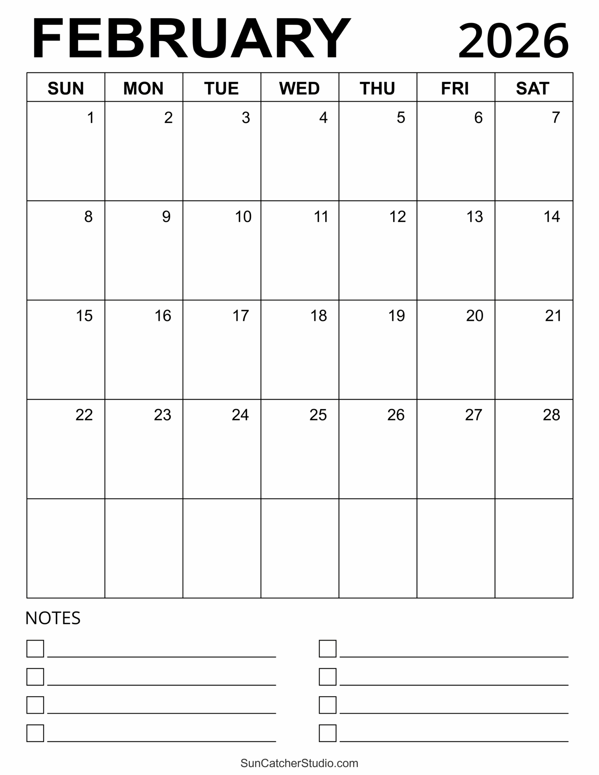 Blank February 2026 Calendar Printable Free