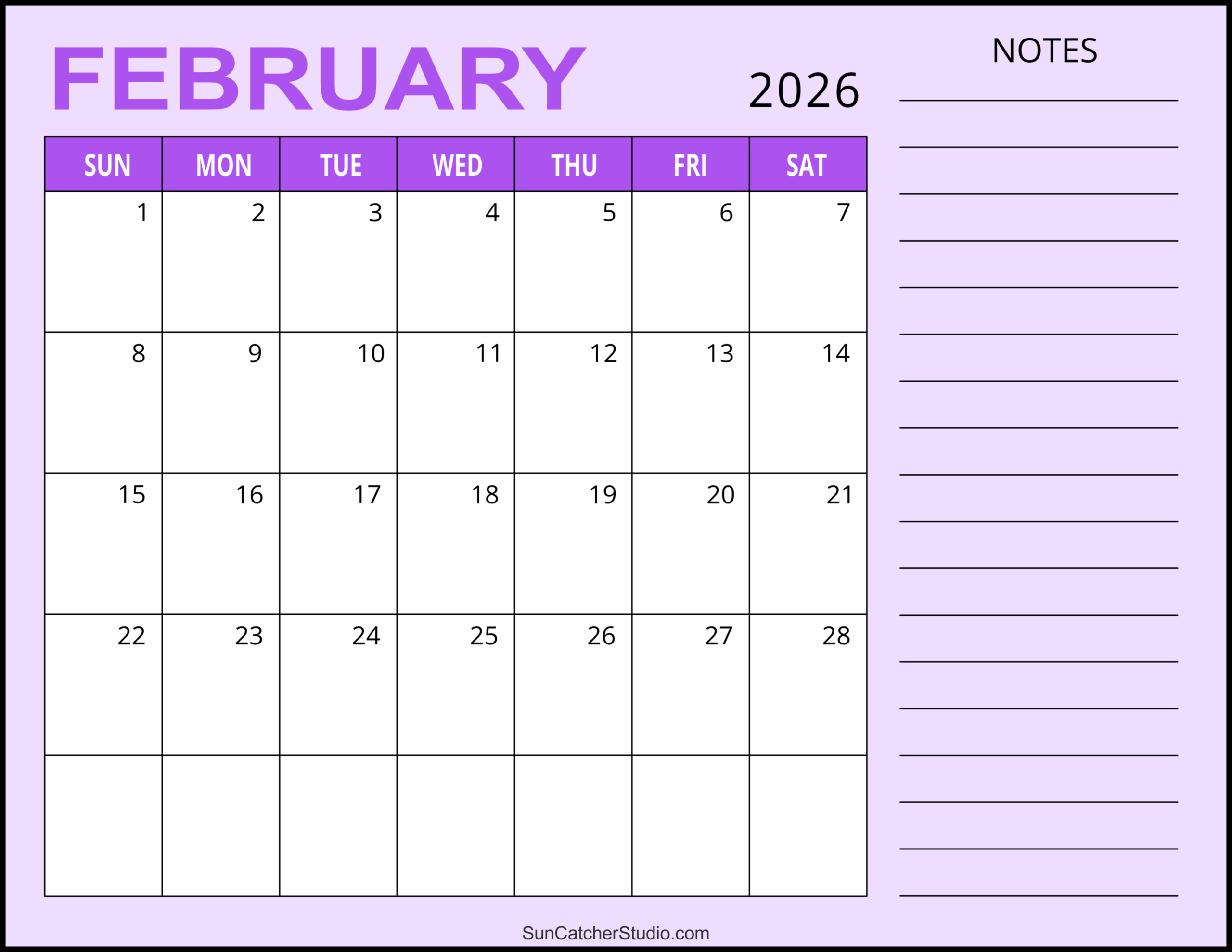 Printable Blank February 2026 Calendar