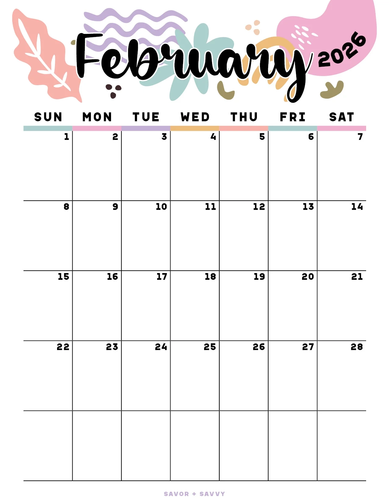 Blank February 2026 Calendar Printable