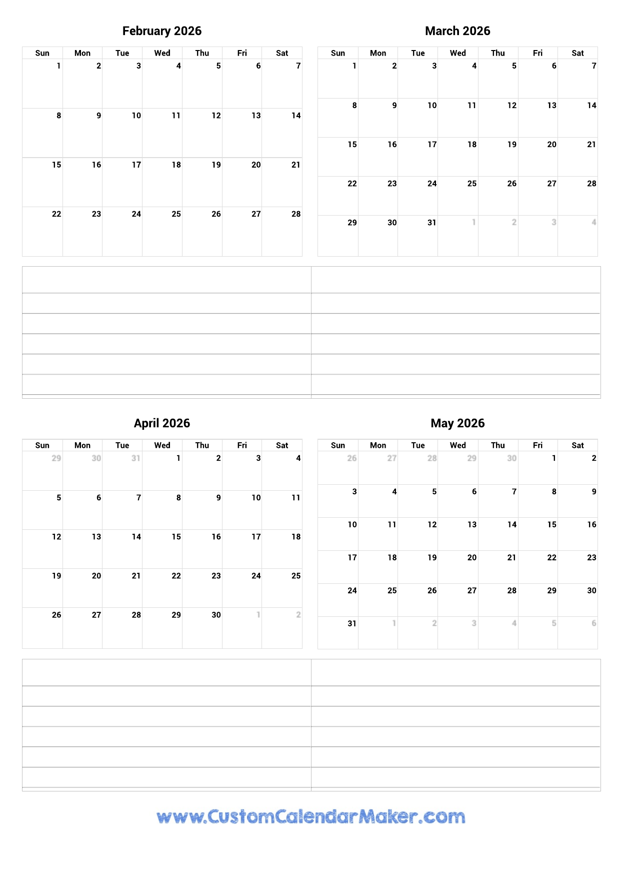 February And March 2026 Calendar Printable