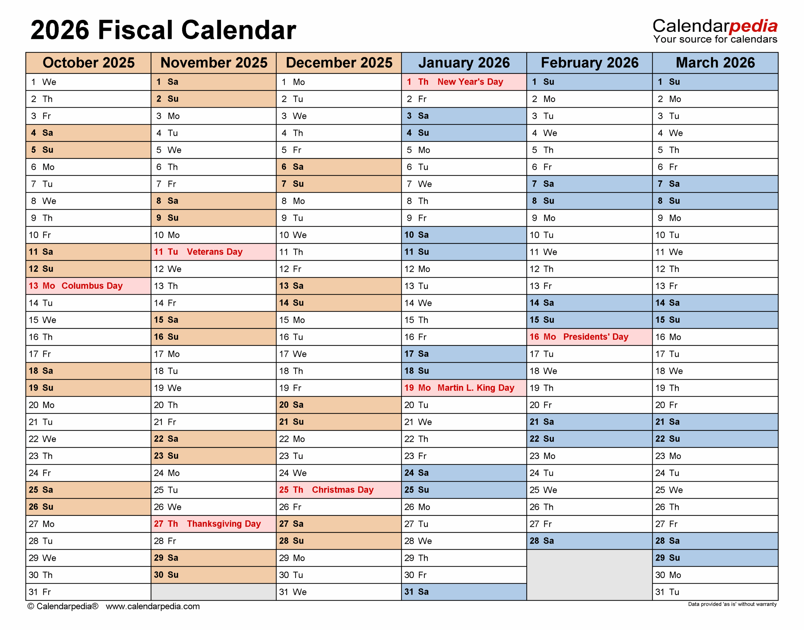 Fiscal Calendars 2026 Free Printable Word Templates