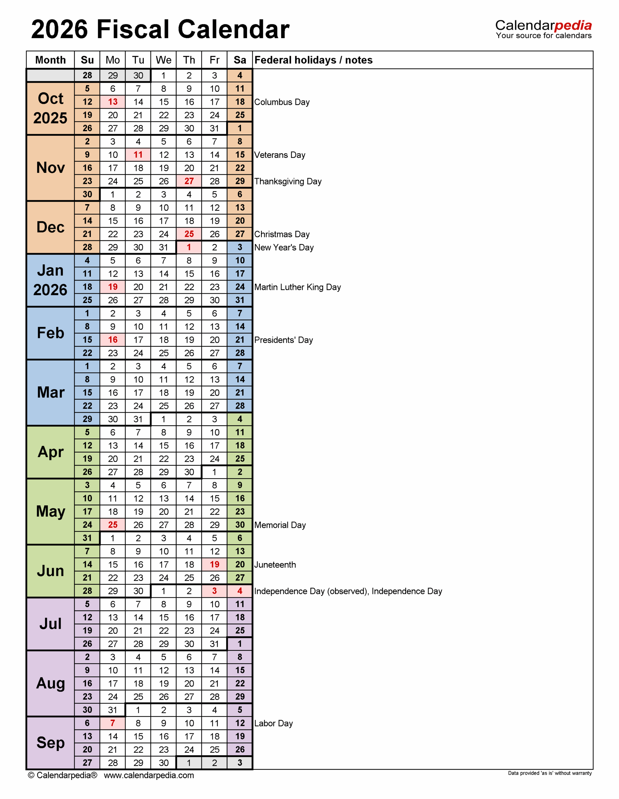 Fiscal Year 2026 Calendar Printable