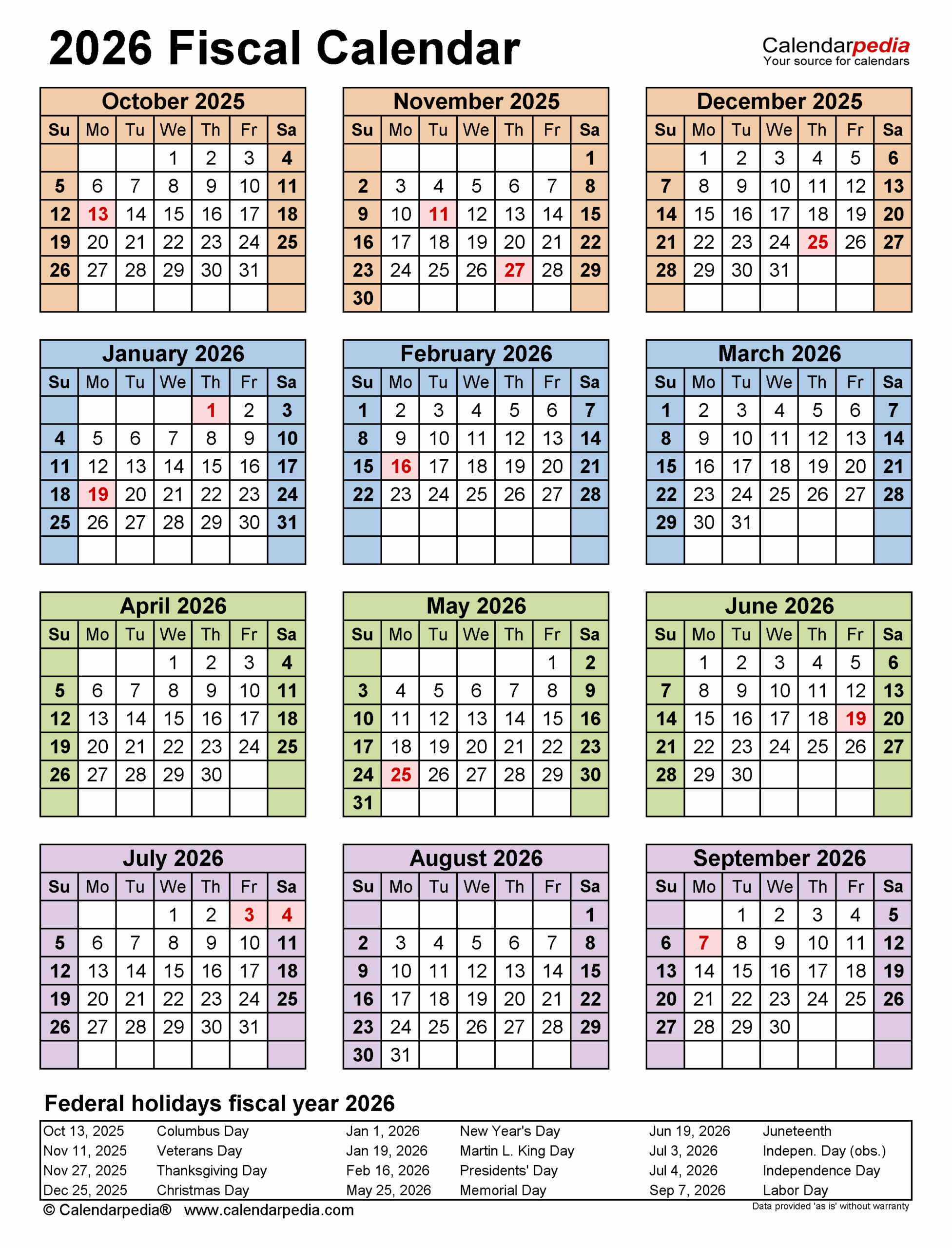 Fiscal Calendars 2026 Free Printable Word Templates