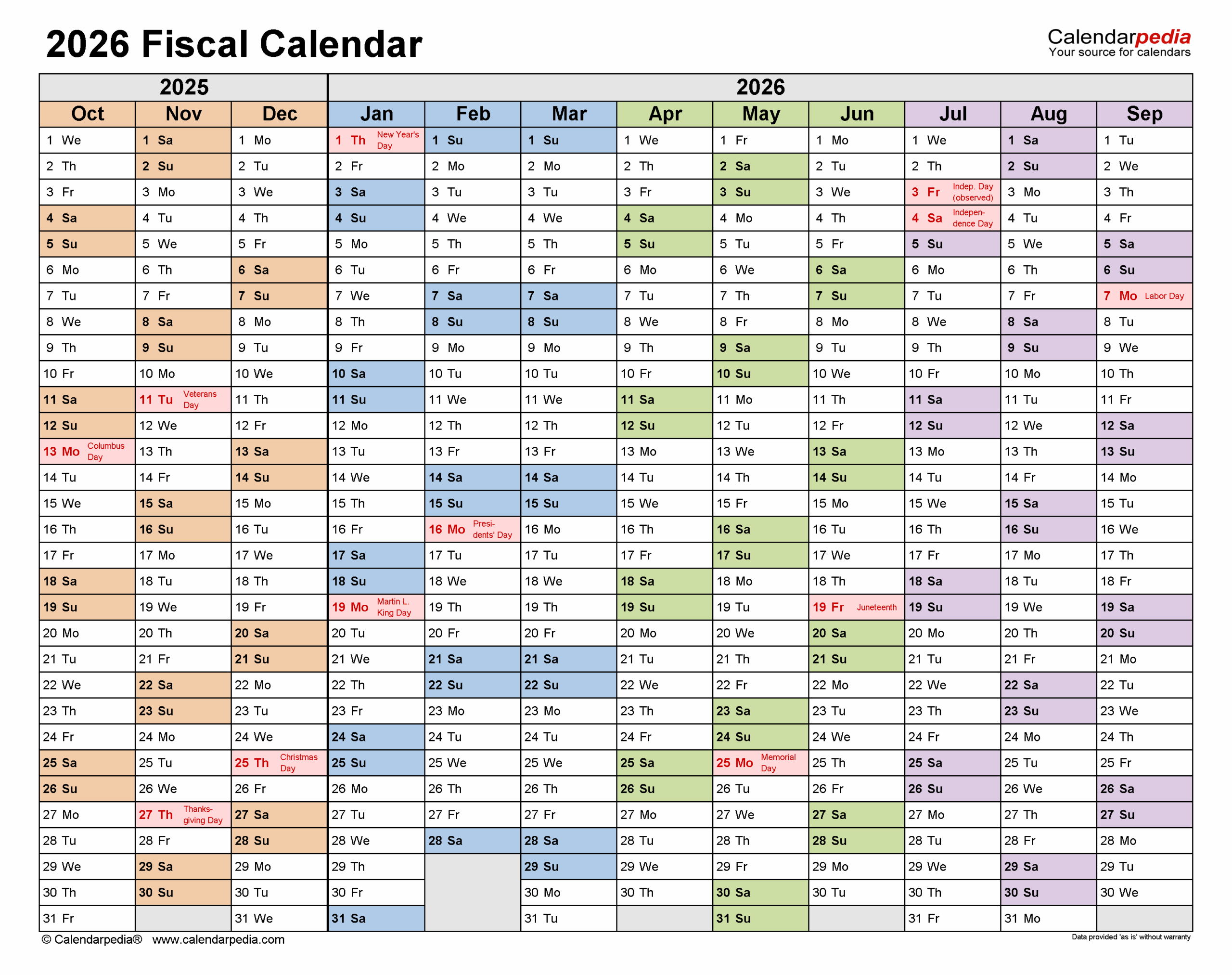 Fiscal Calendars 2026 Free Printable Word Templates