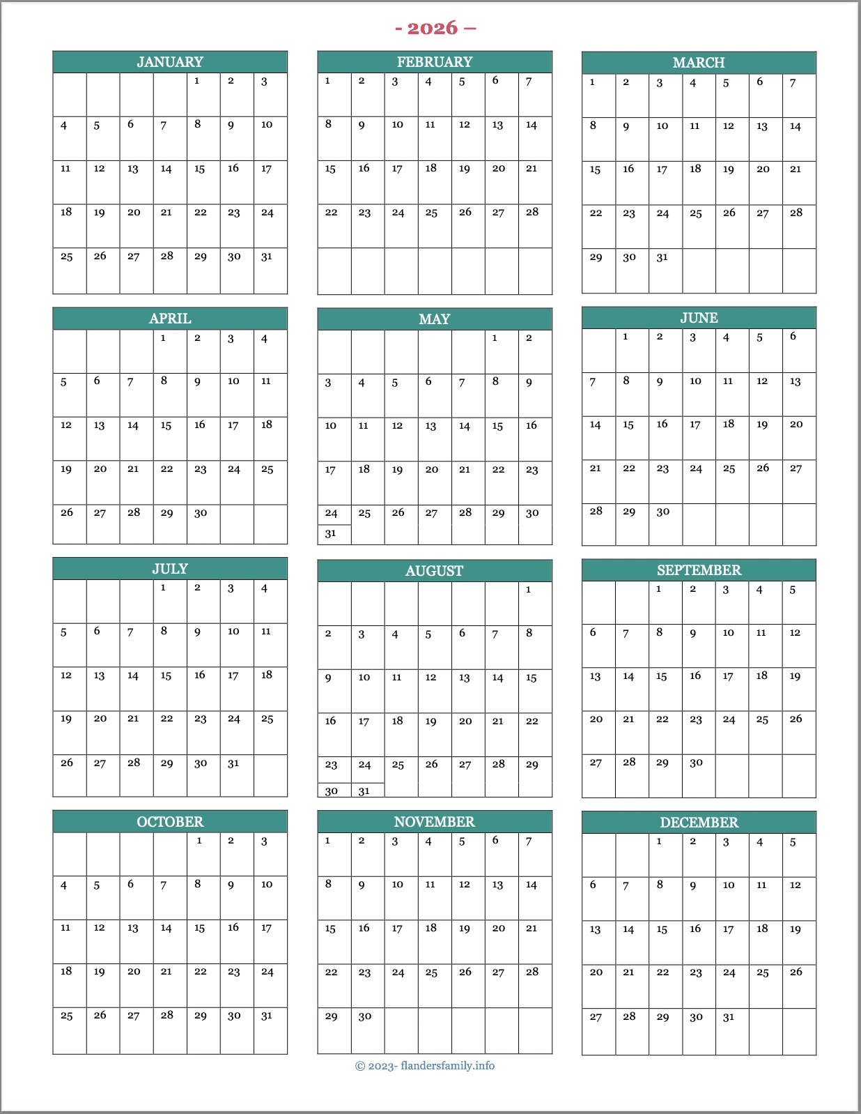 Free Printable Blank Calendar 2026