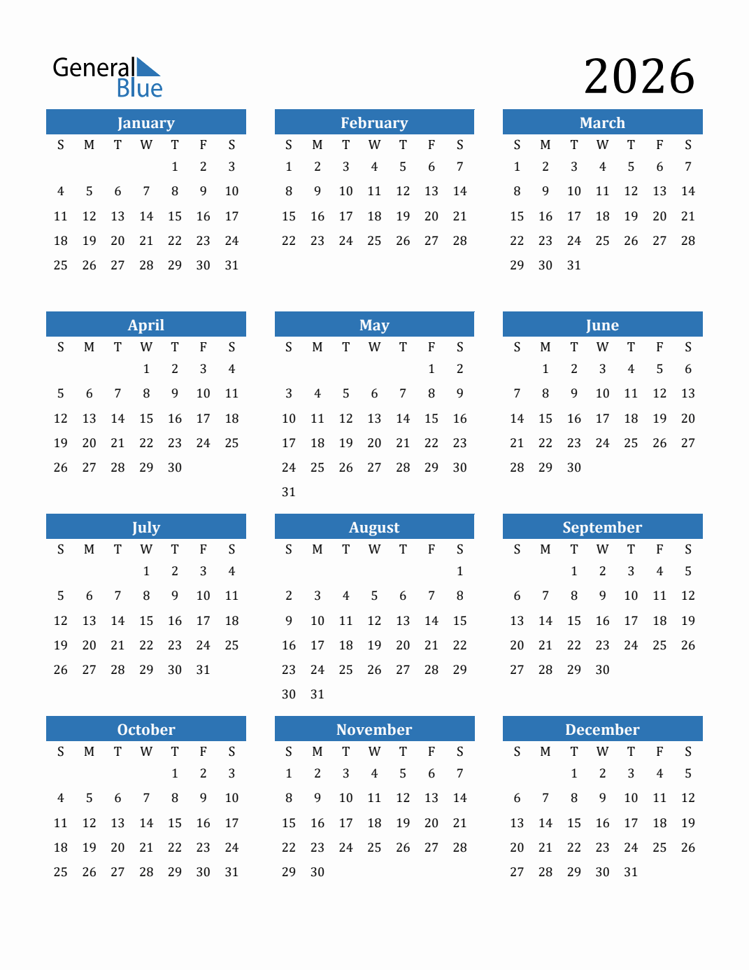 2026 12 Month Calendar Printable Free