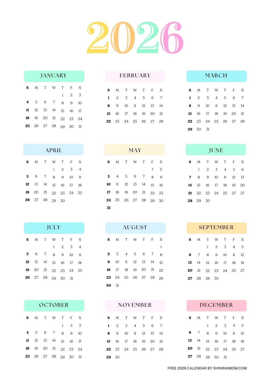 2026 1 Page Calendar Printable Free