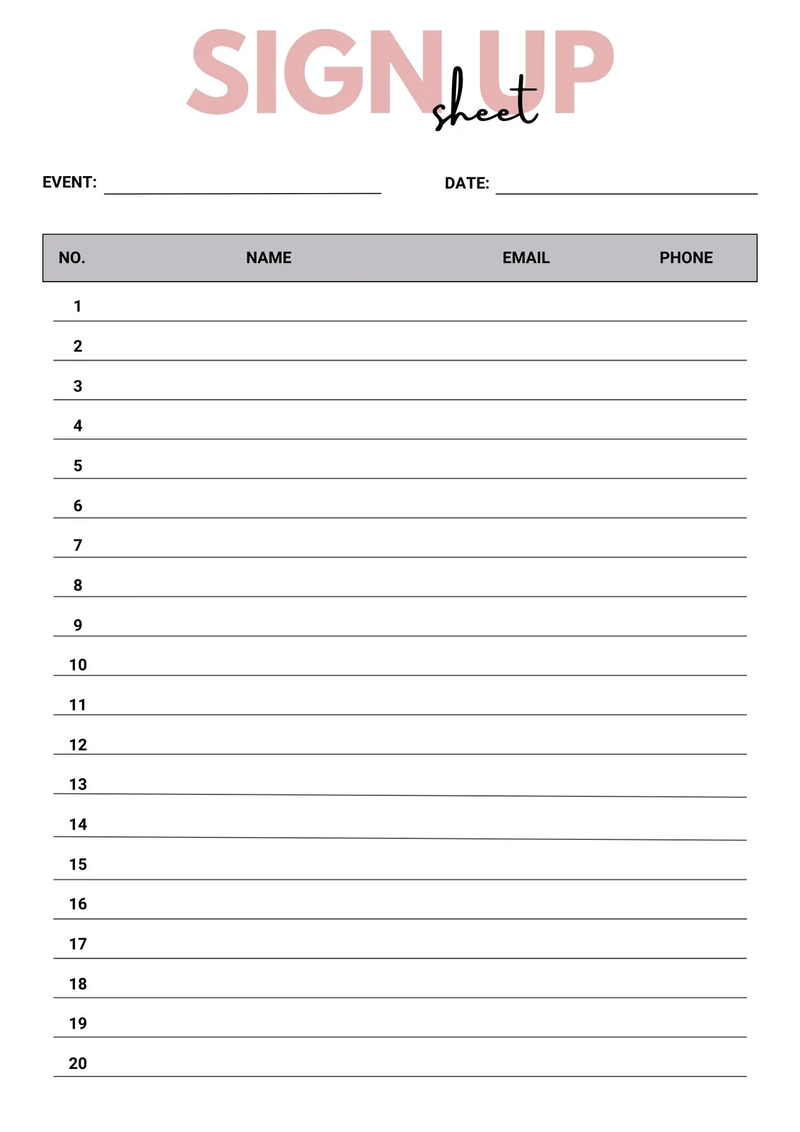 Printable Sign Up Sheet