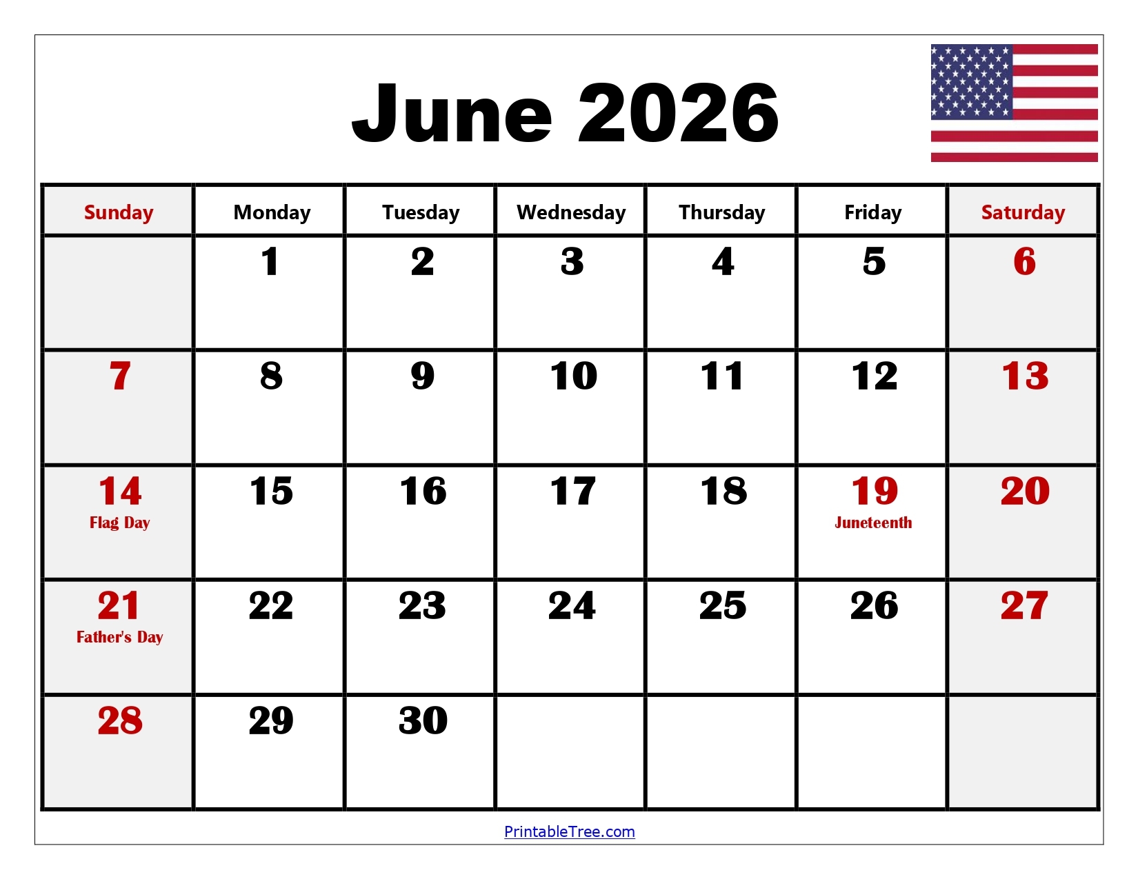 June 2026 Calendar Printable Free