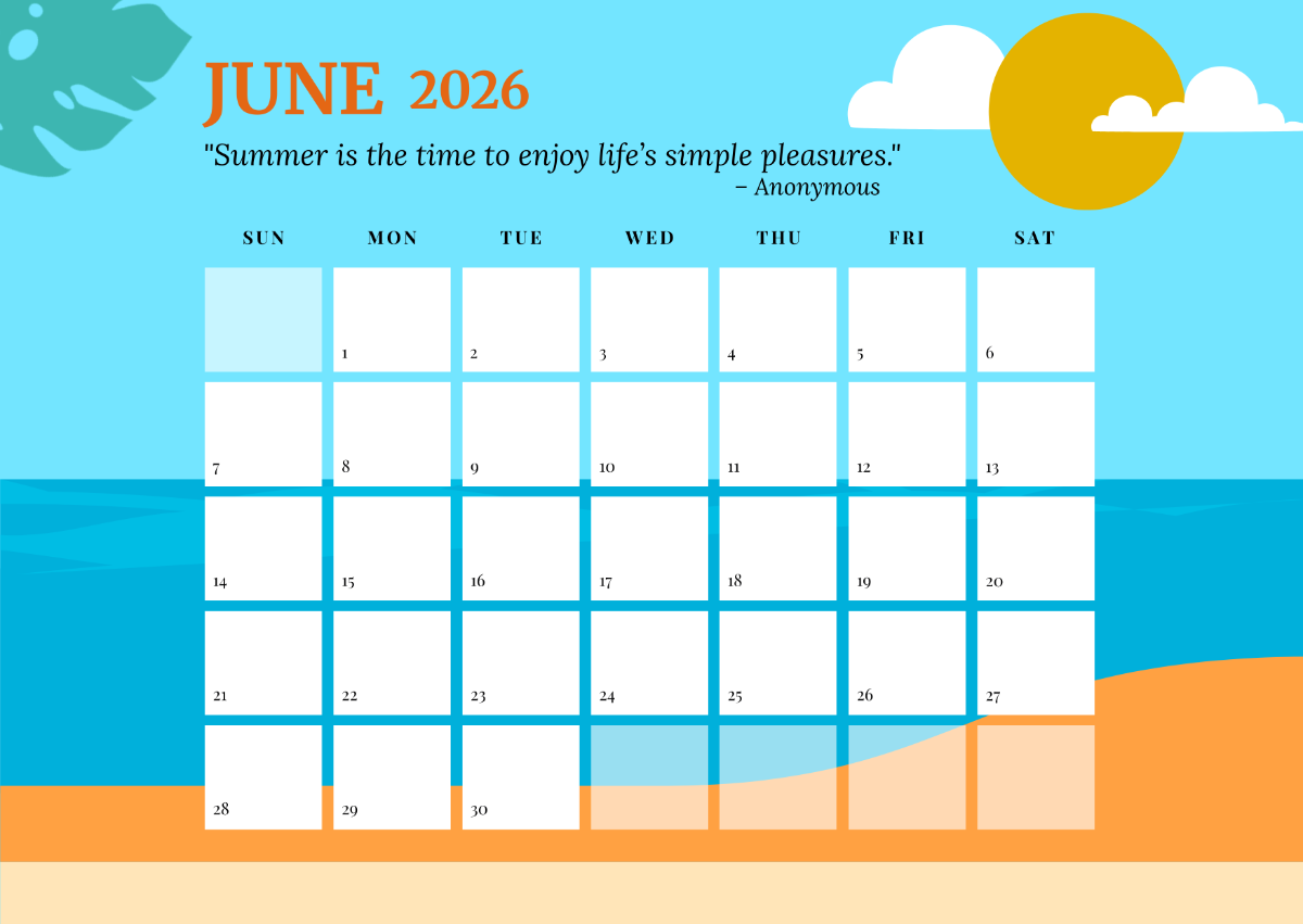 Printable Blank Summer Calendar 2026