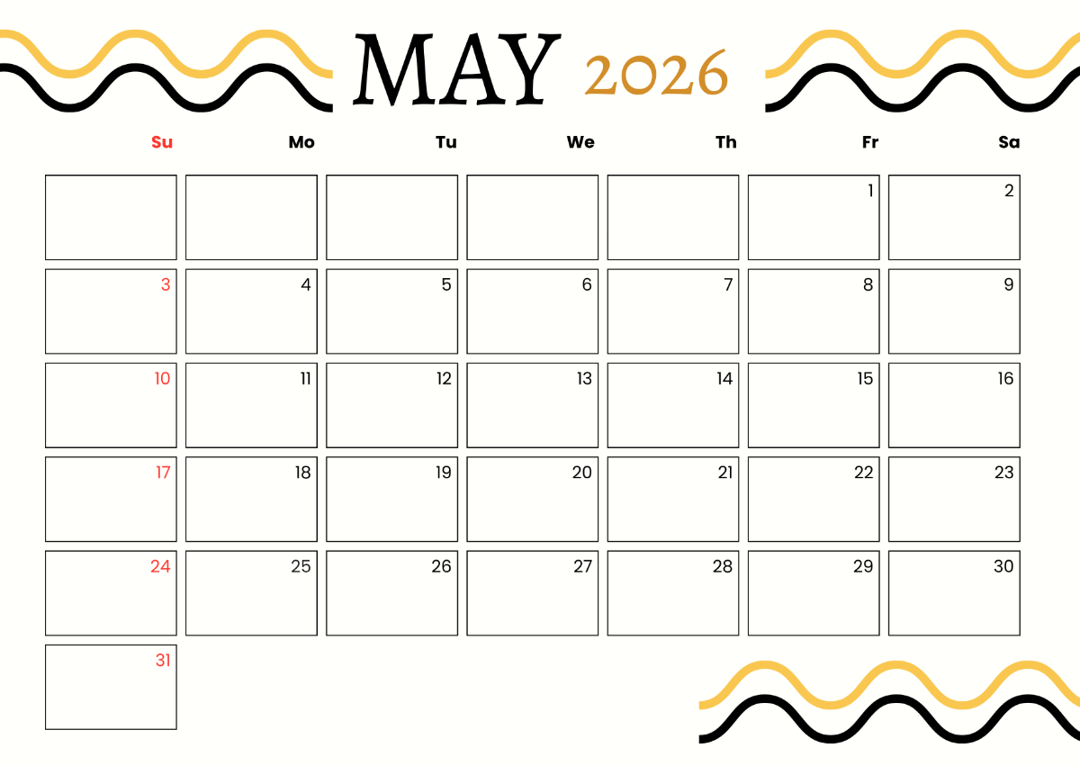 Blank Calendar Template May 2026 Printable