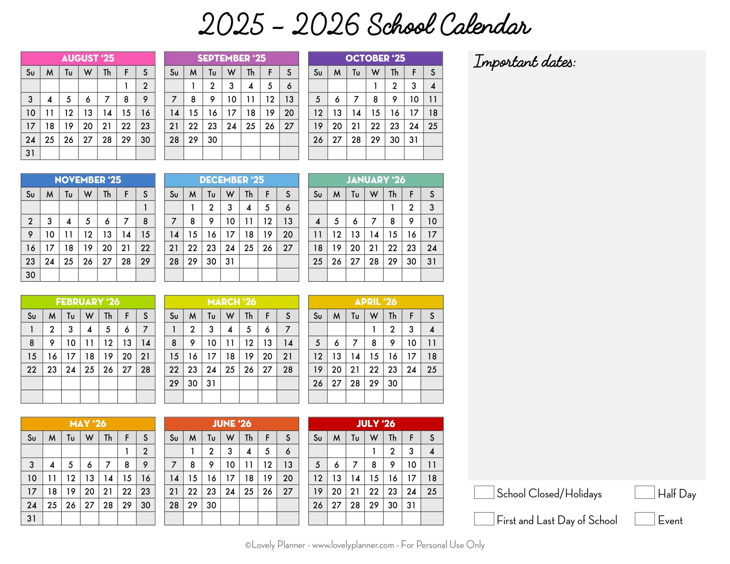 Free Printable 2025 2026 School Calendar One Page Academic 