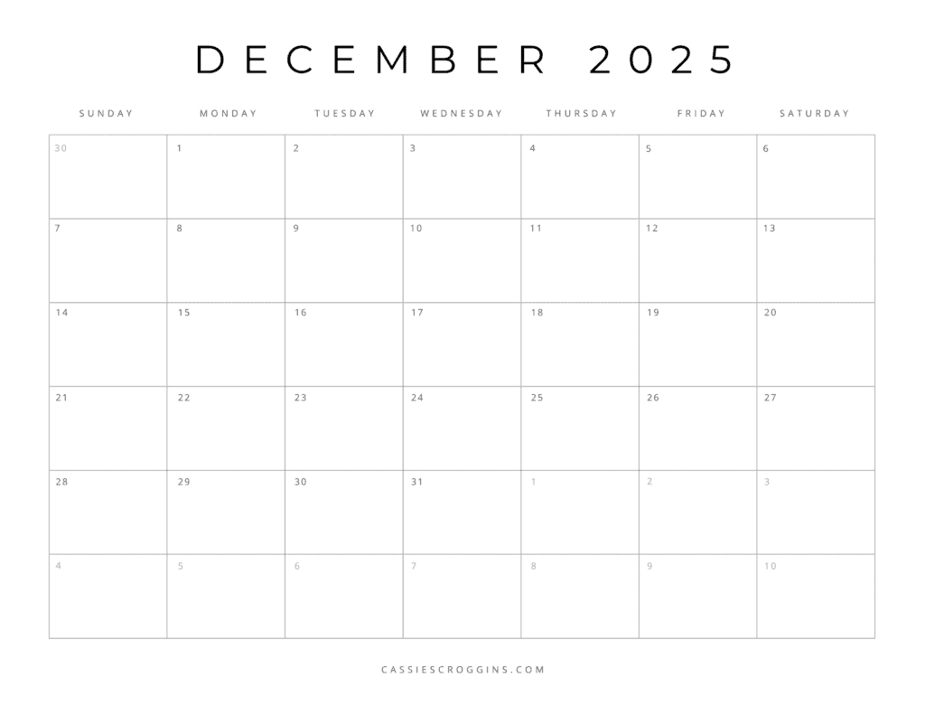 Blank Calendar Template December 2025 Printable
