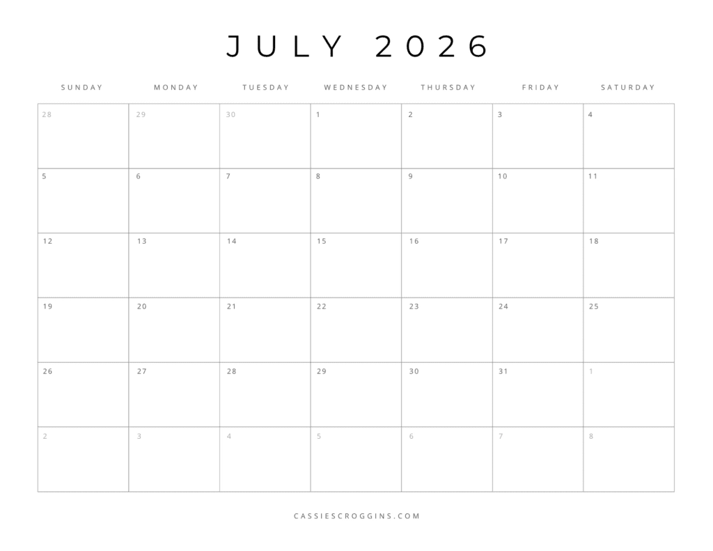 Free Printable Calendar July 2026