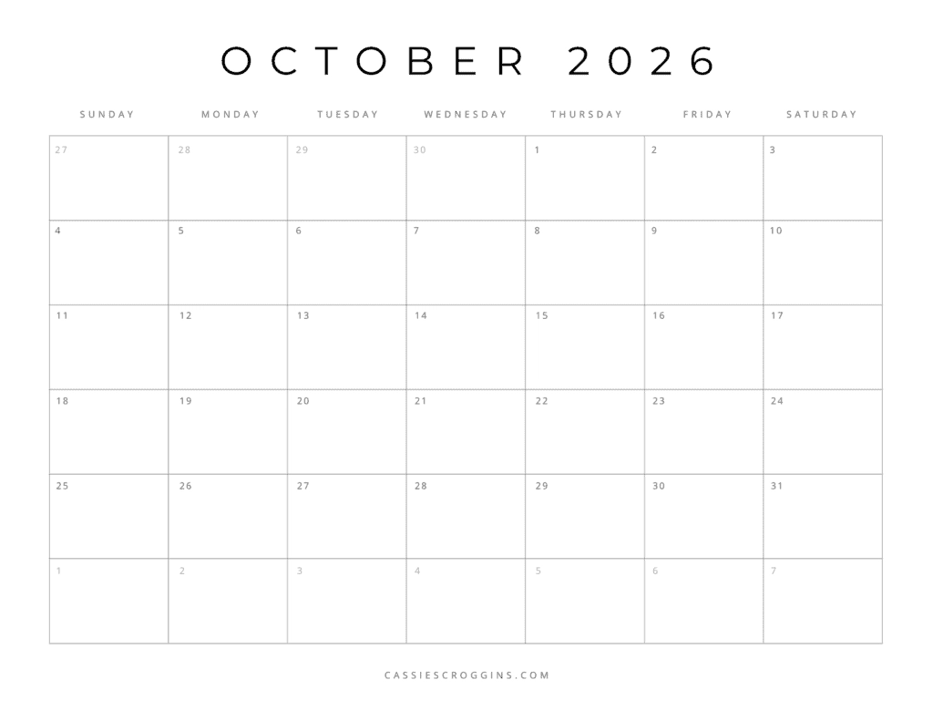 Blank 2026 Monthly Calendar