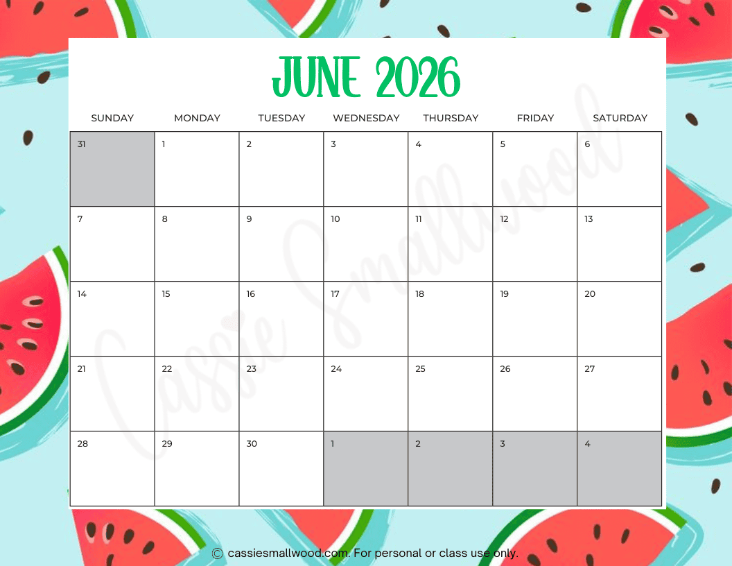 Free Printable Monthly Calendar June 2026