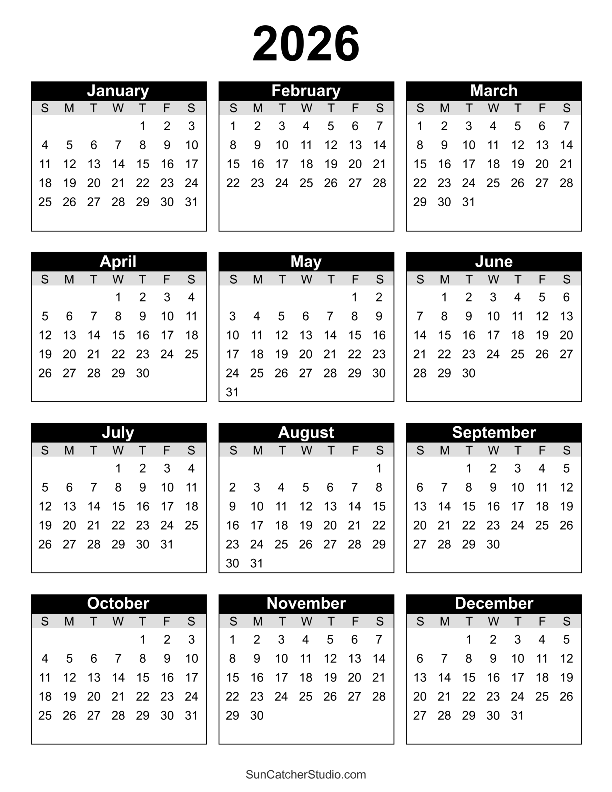 Free Printable Calendar 2026 Portrait