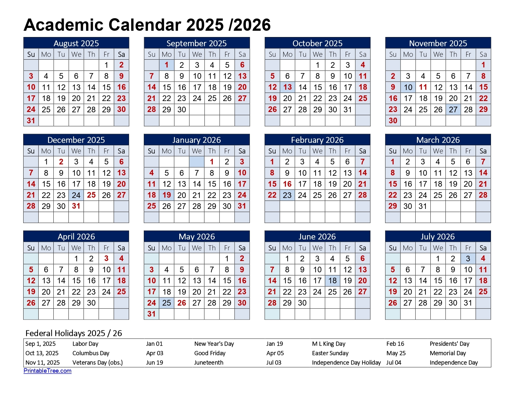 Free Printable Academic Calendar 2025 To 2026 Templates 
