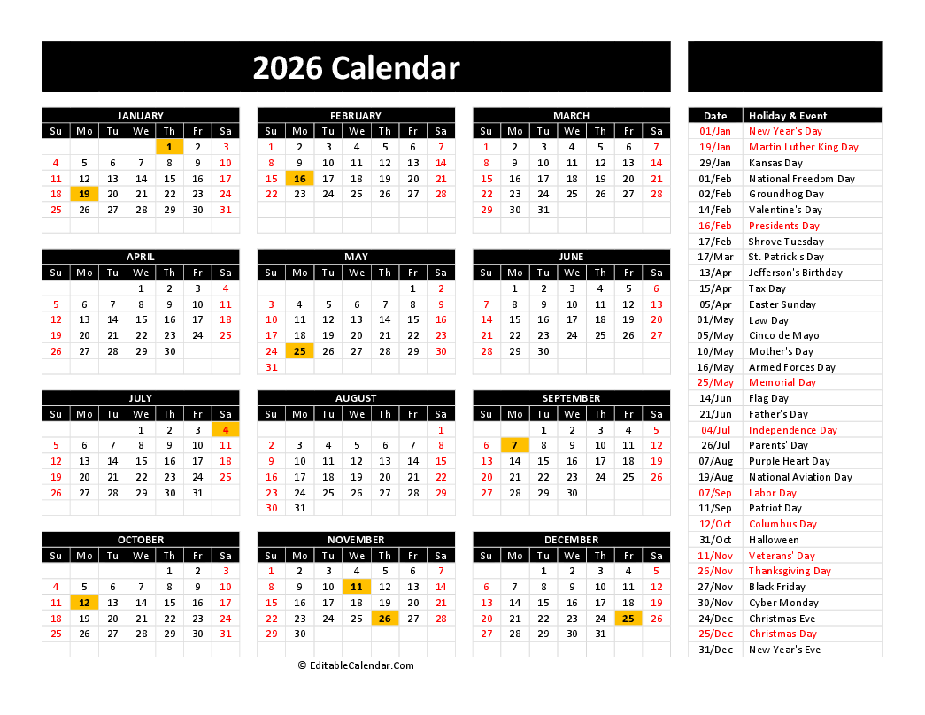 2026 Printable Calendar With Holidays Printable Free