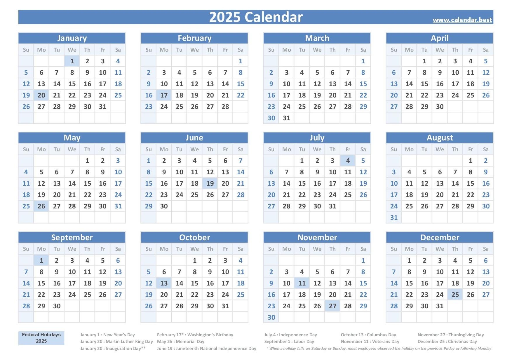 2025 And 2026 Calendar With Holidays Printable