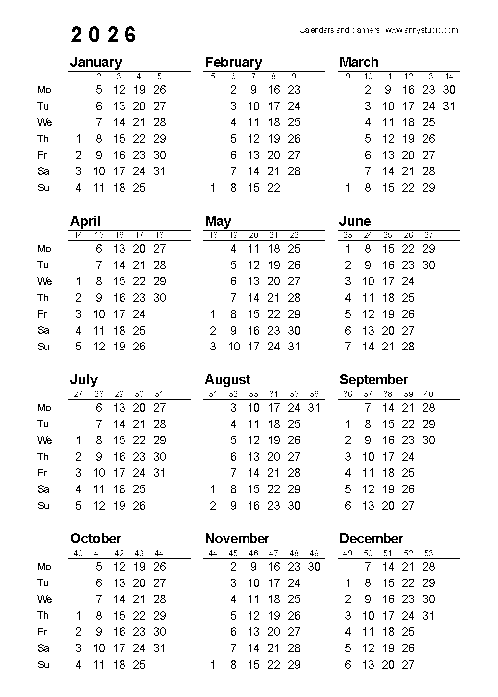 2026 Weekly Calendar Printable