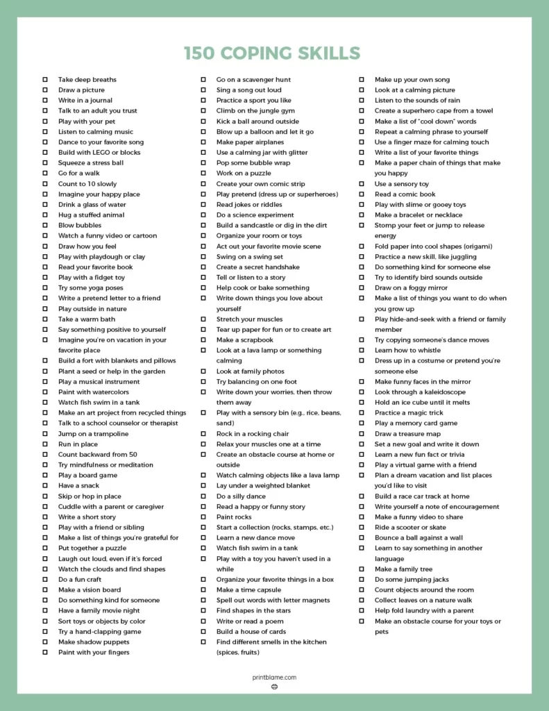 Free Printable Coping Skills Lists 150 Coping Techniques For Kids