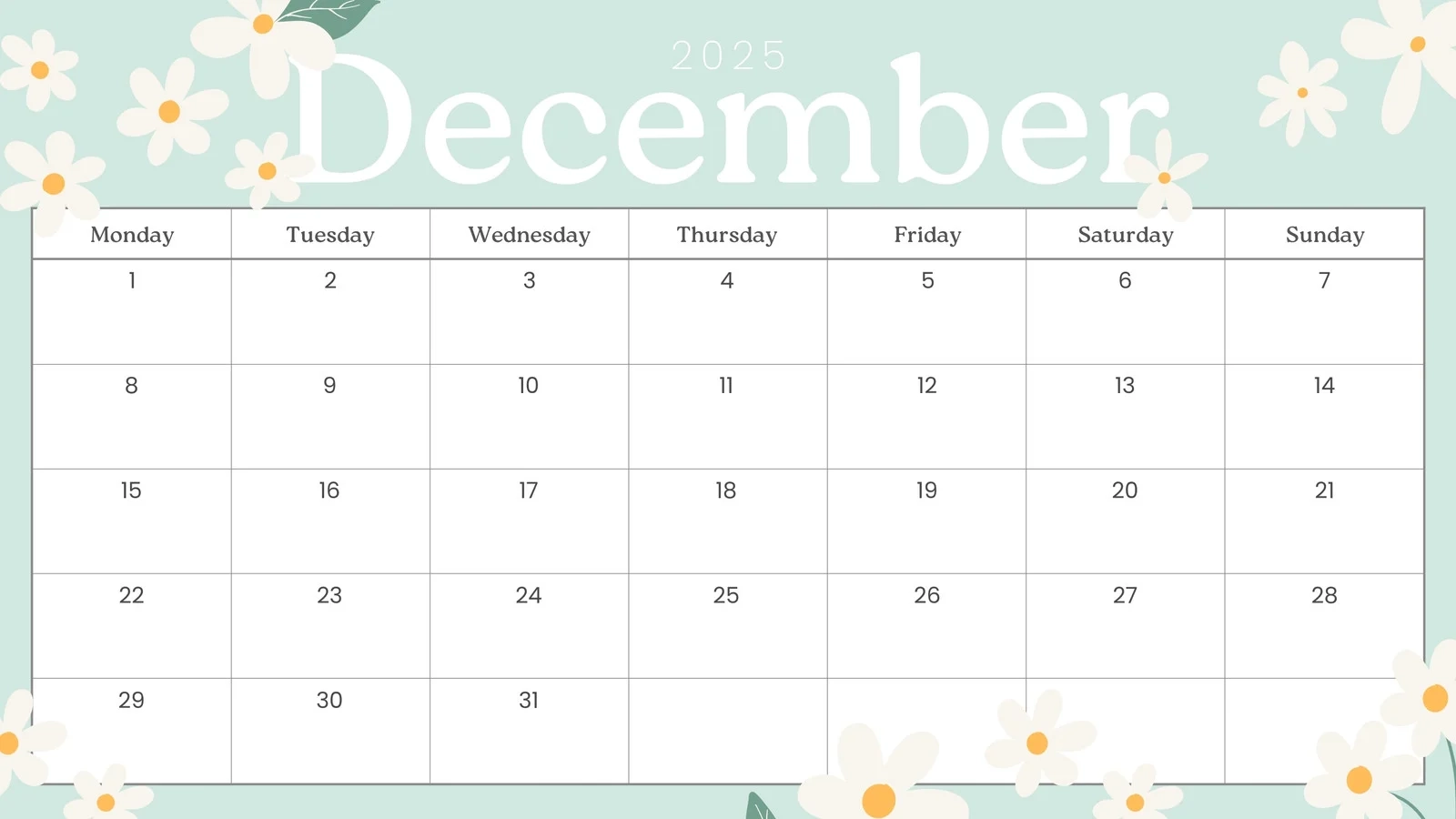December 2025 Calendar Blank Printable Free