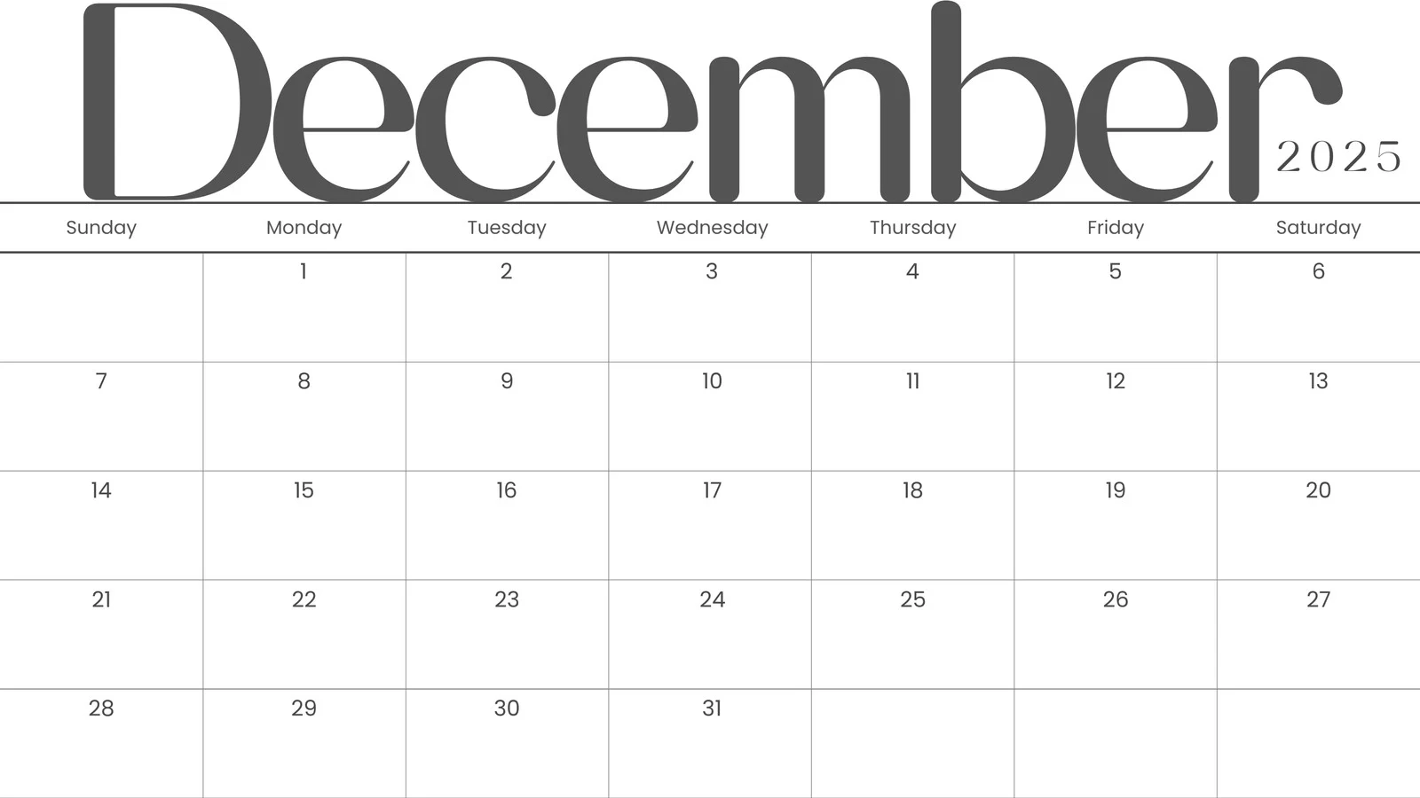 December 2025 Blank Calendar