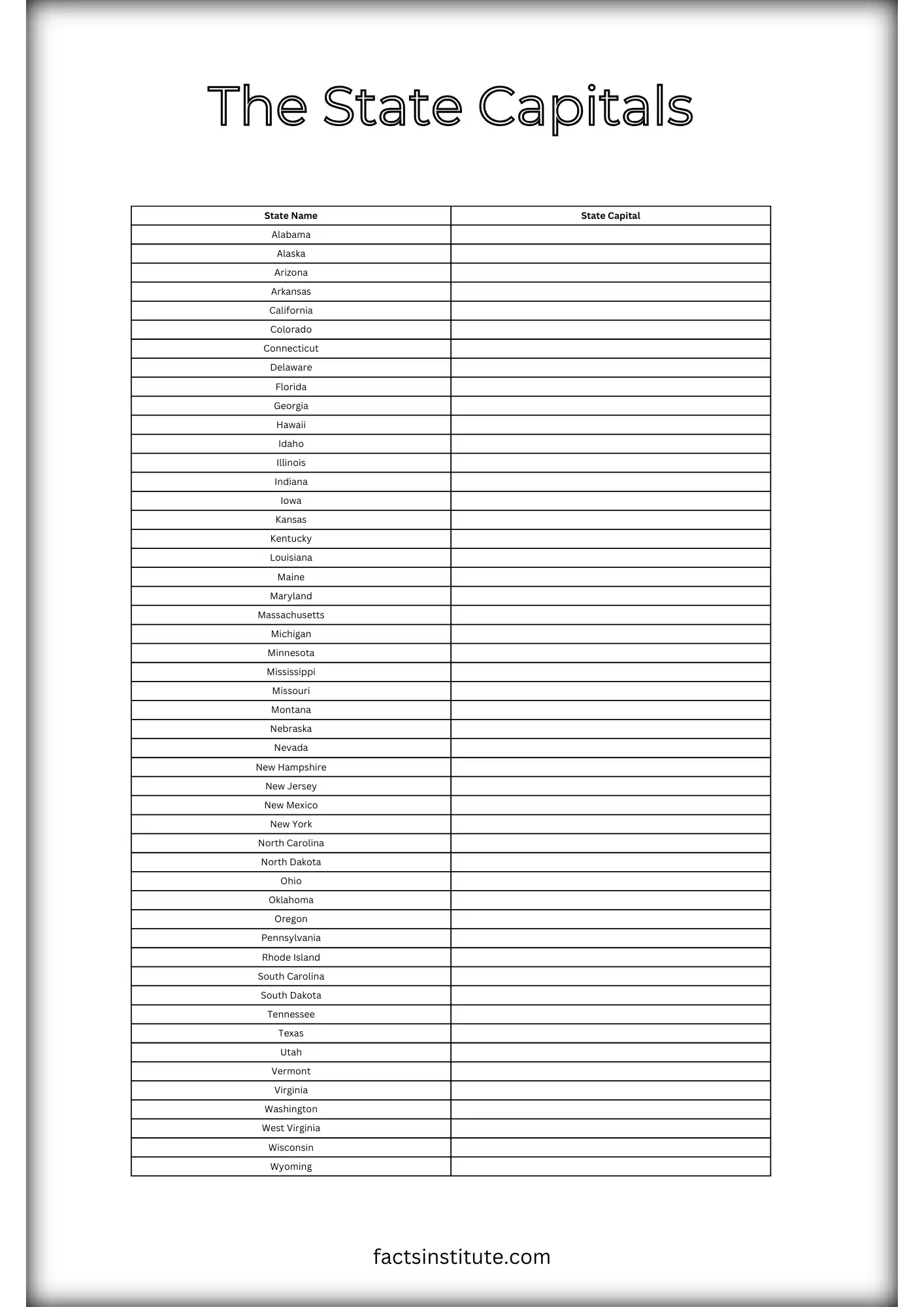 United States Capitals Quiz Printable