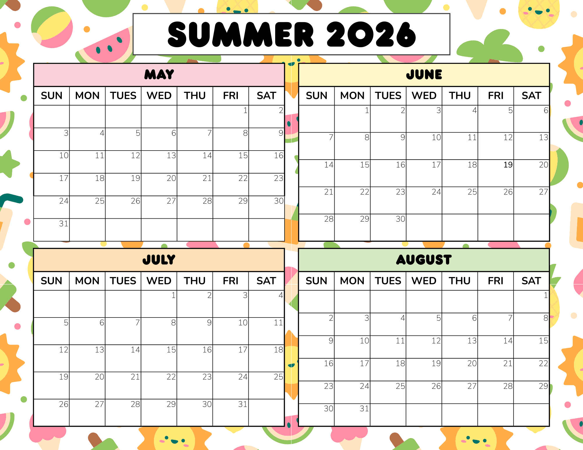 Free Summer Calendar Printable 2025 amp 2026 PDF