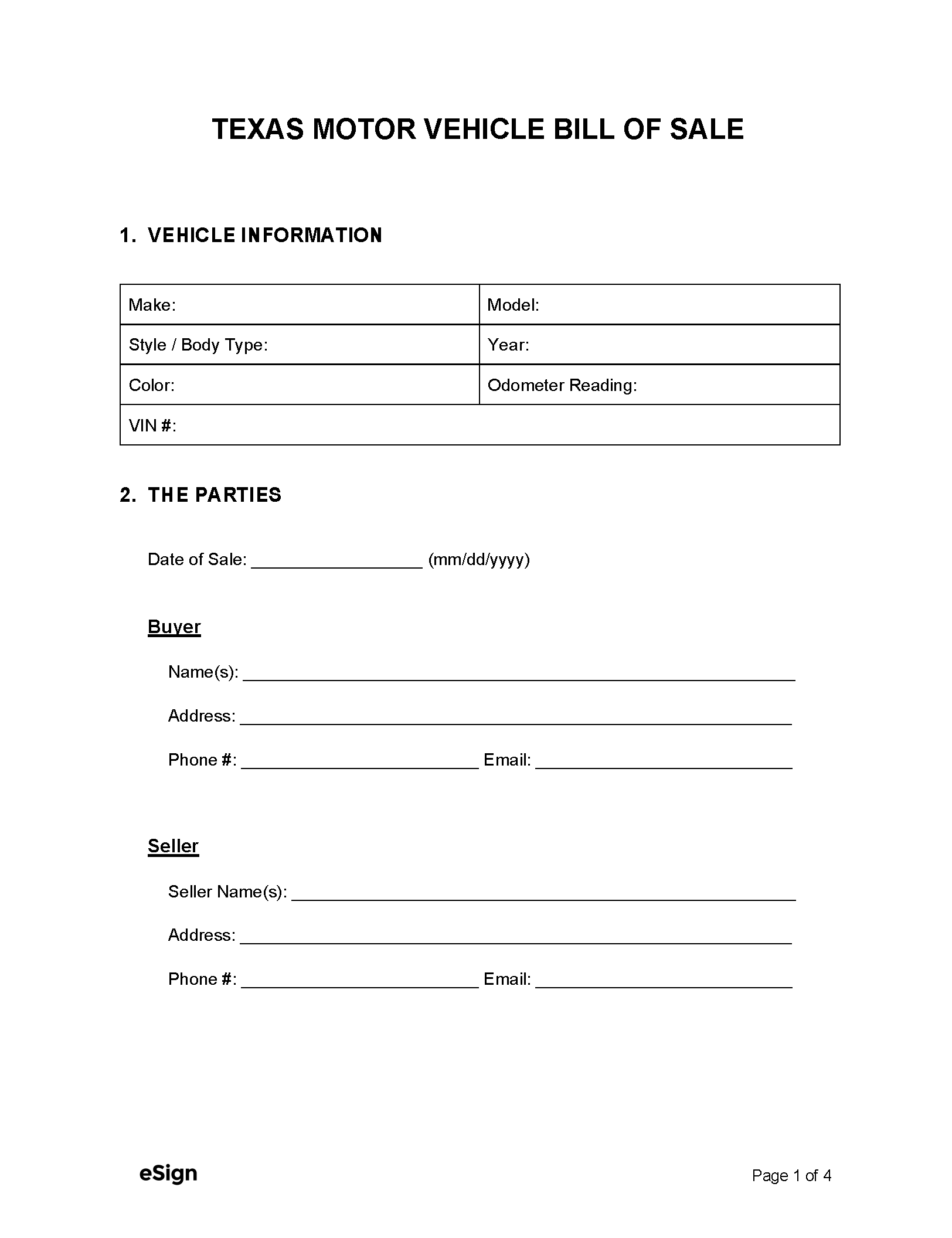 Printable Bill Of Sale Texas