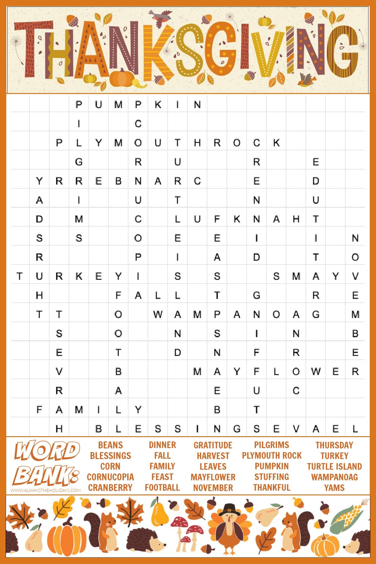 Word Search Printable Thanksgiving