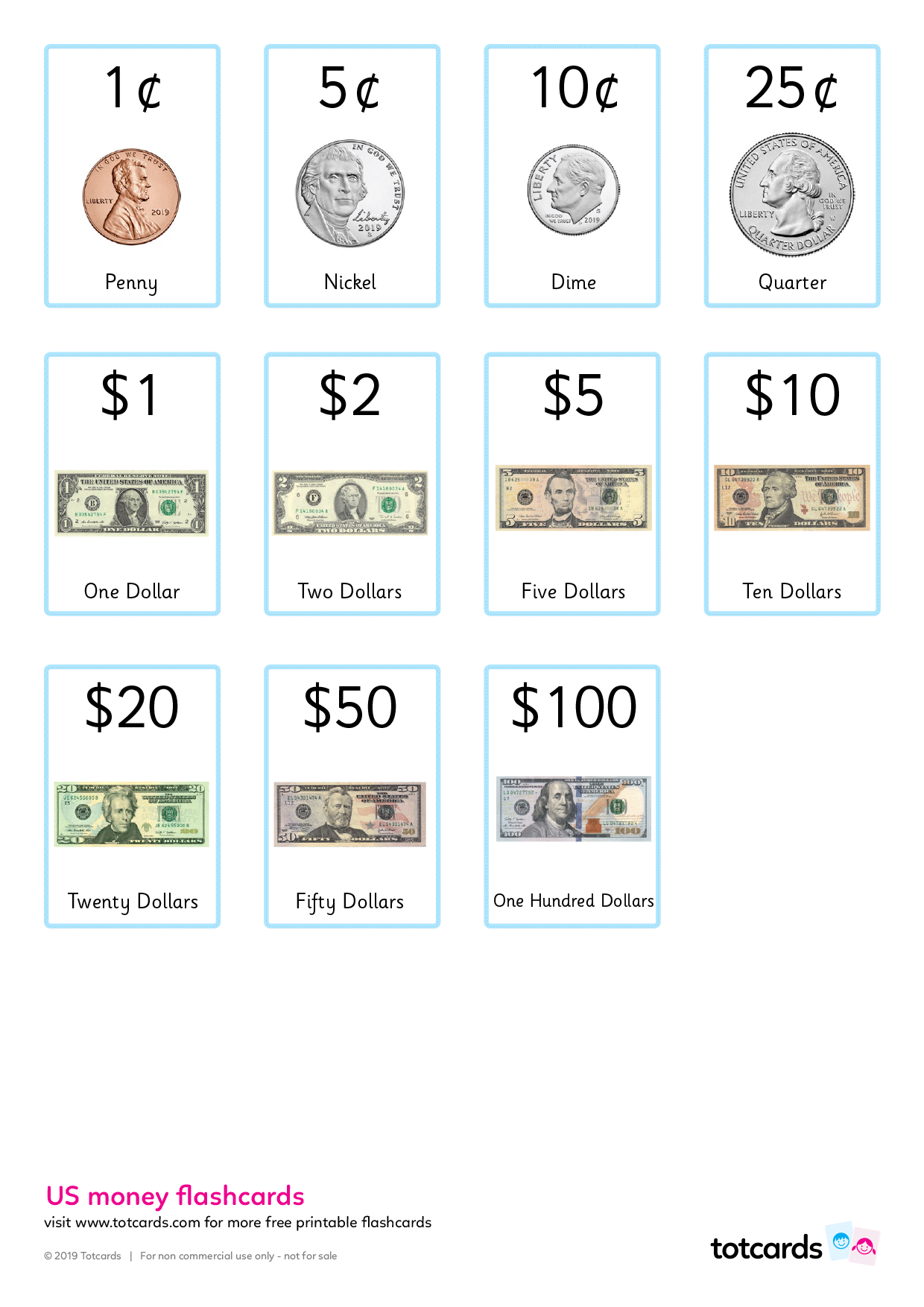 Free US Money Flashcards For Kids Totcards
