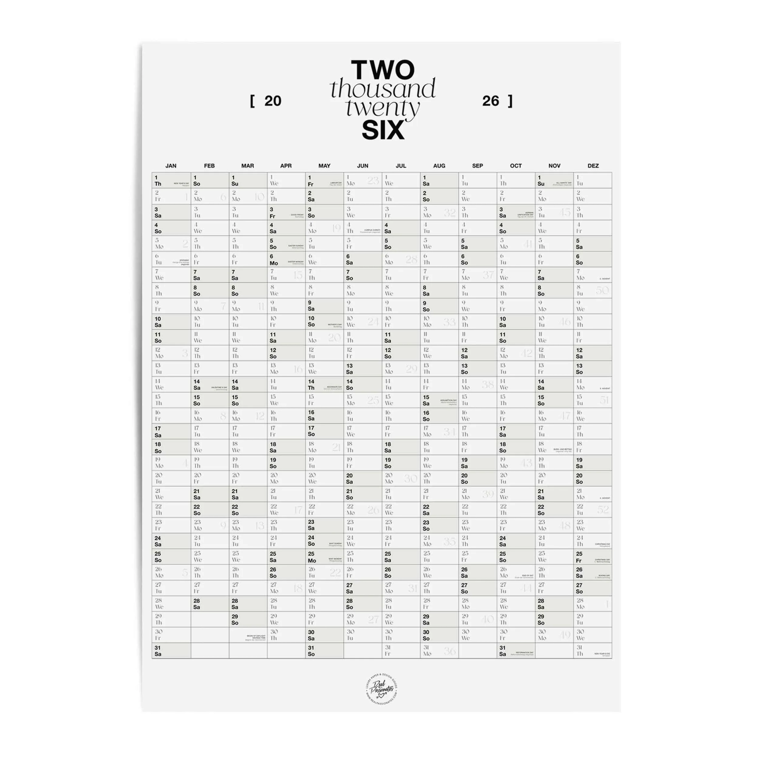 Gro er Minimalistischer Wandkalender 2026 A1 Real Passionates