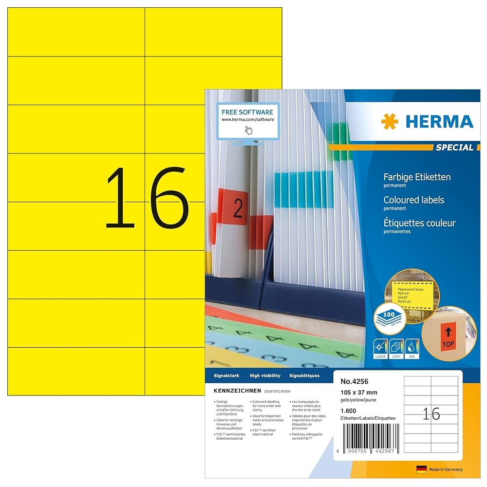 HERMA 4256 Coloured Labels Yellow 100 Sheets 105 X 37 Mm 16 Per A4 Sheet Pack Of 1600 Self Adhesive Printable Matt Blank Paper Colour Labels 
