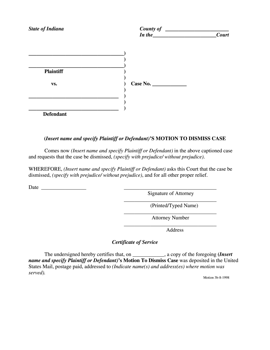 Indiana Motion To Dismiss Form Printable Blank PDF Online