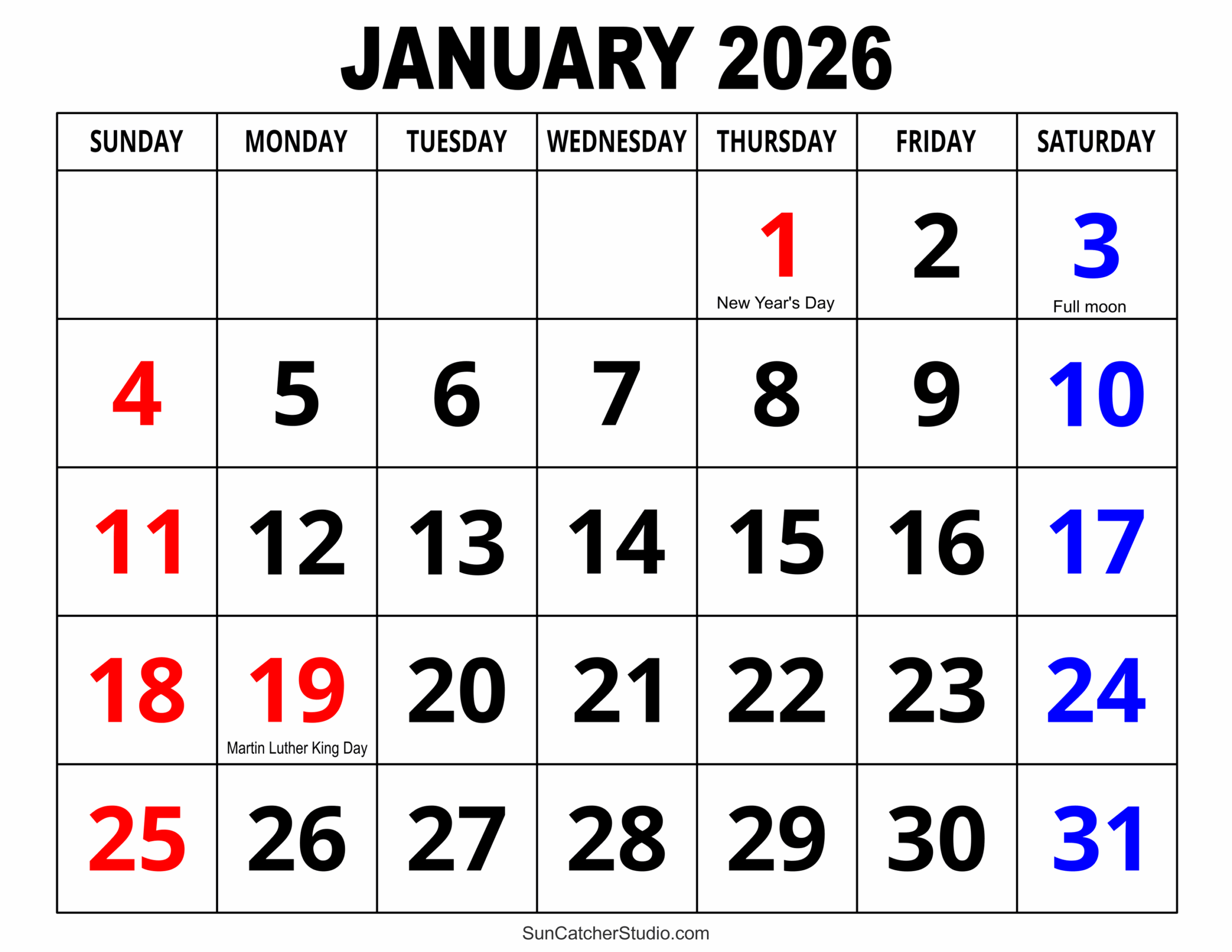 Printable Calendar For January 2026