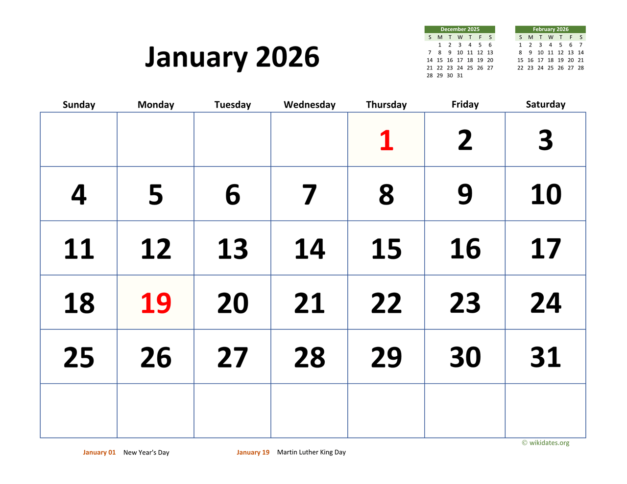 January 2026 Calendar Wiki Printable