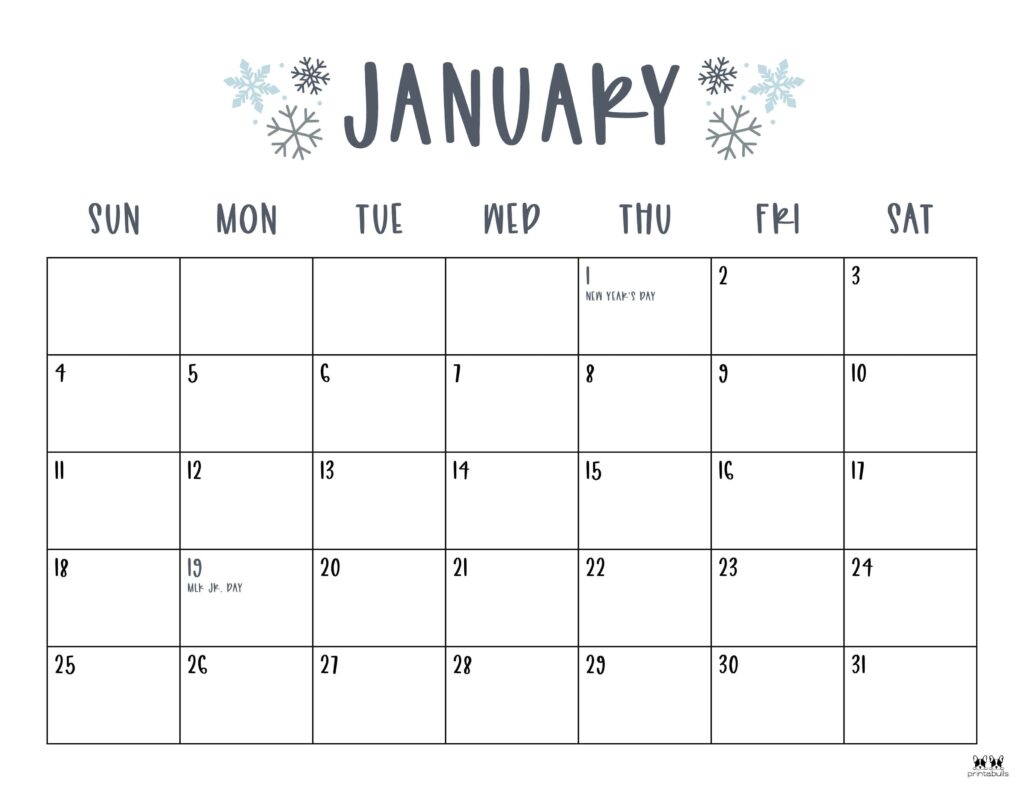January 2026 Calendars 123 FREE Printables Printabulls