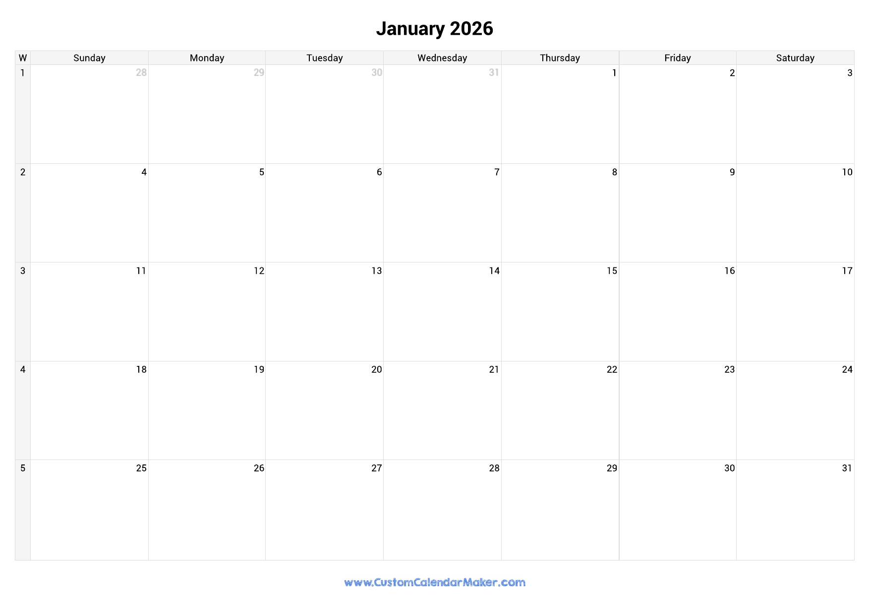 January 2026 Weekly Calendar Printable