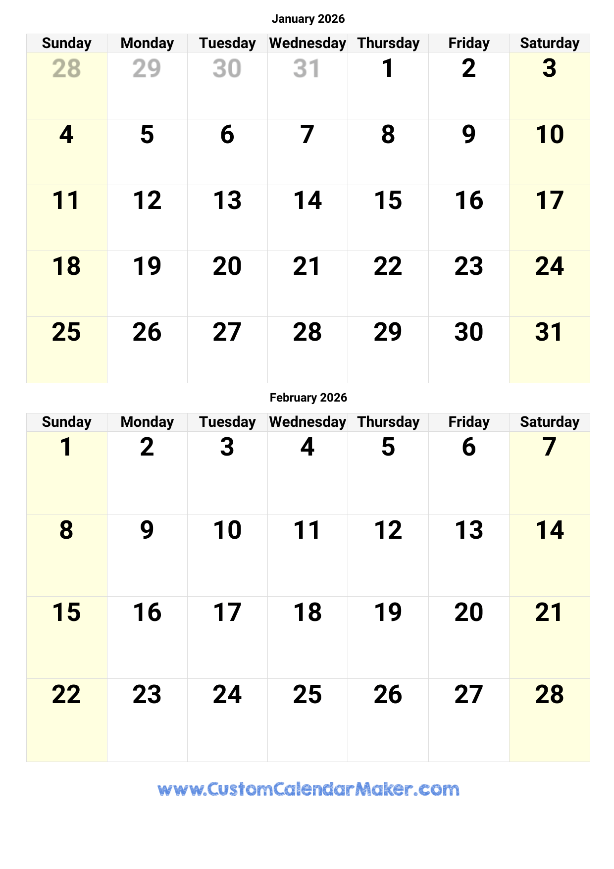 January February 2026 Calendar Printable