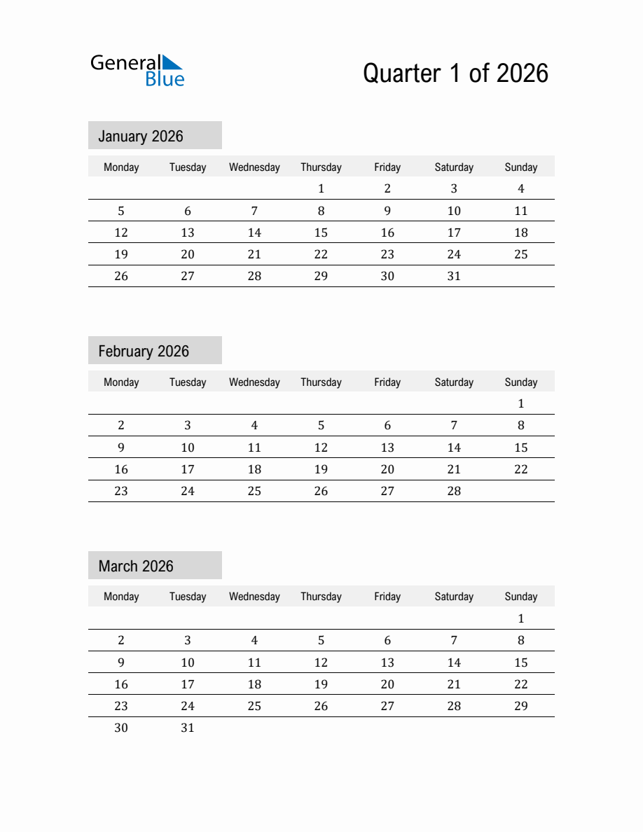 January February March 2026 Calendar Printable