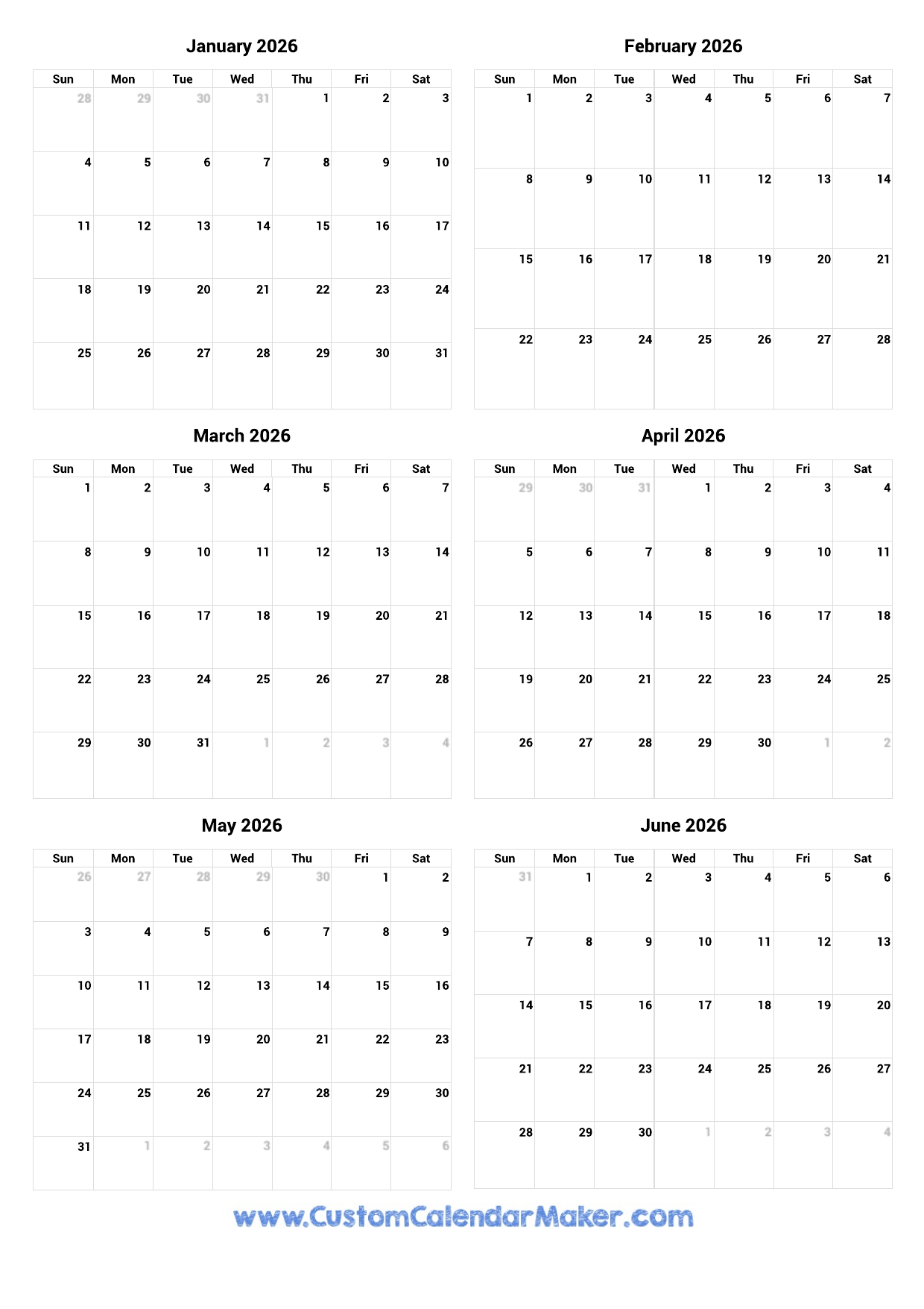 2026 6 Month Calendar Printable