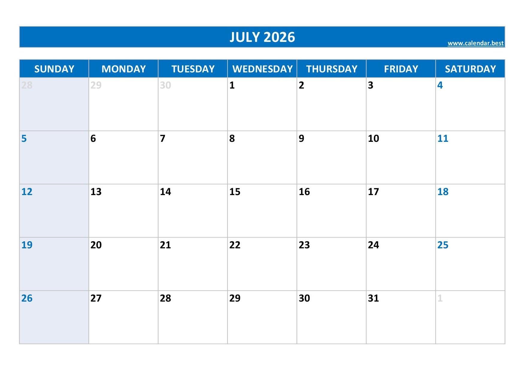 Blank June And July 2026 Calendar