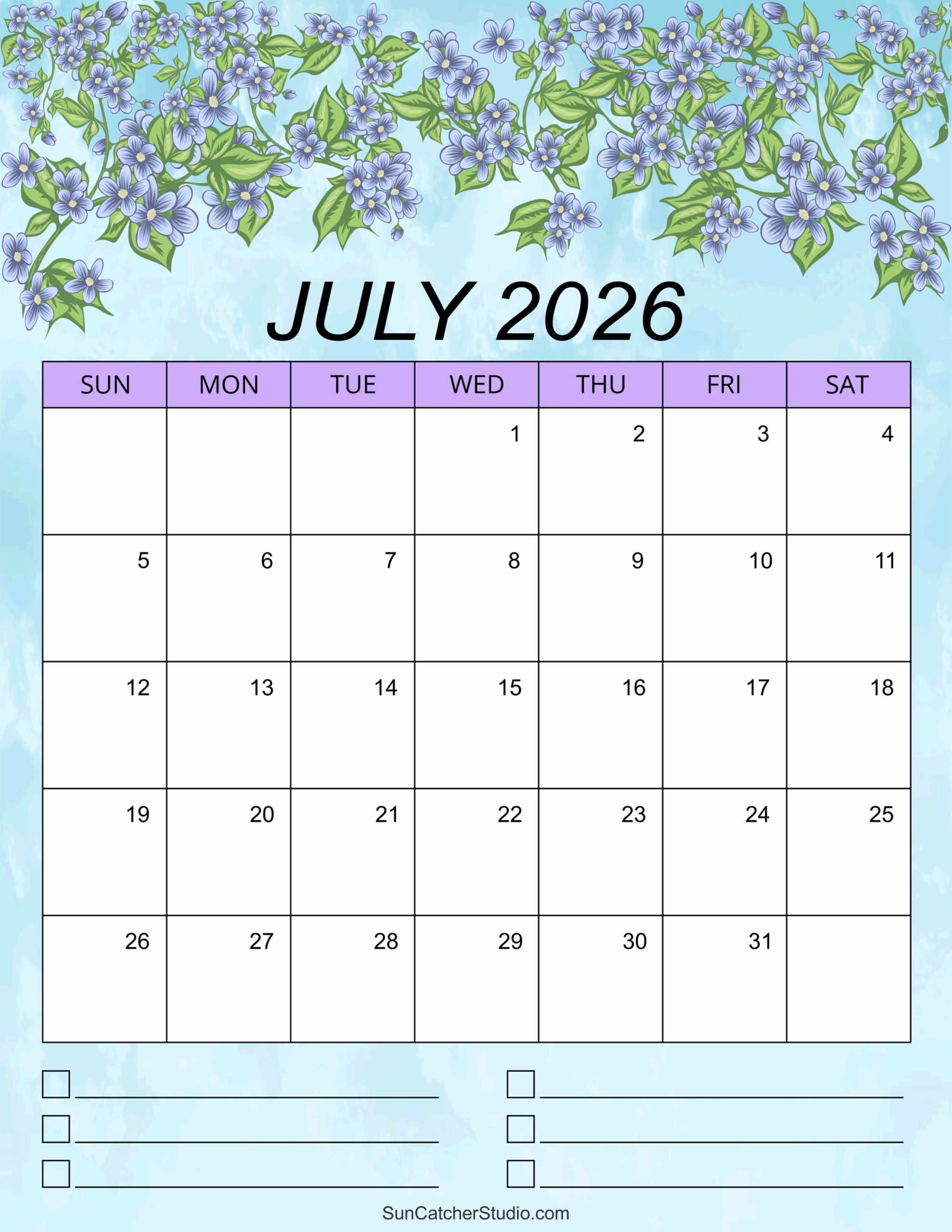 Printable Blank July 2026 Calendar