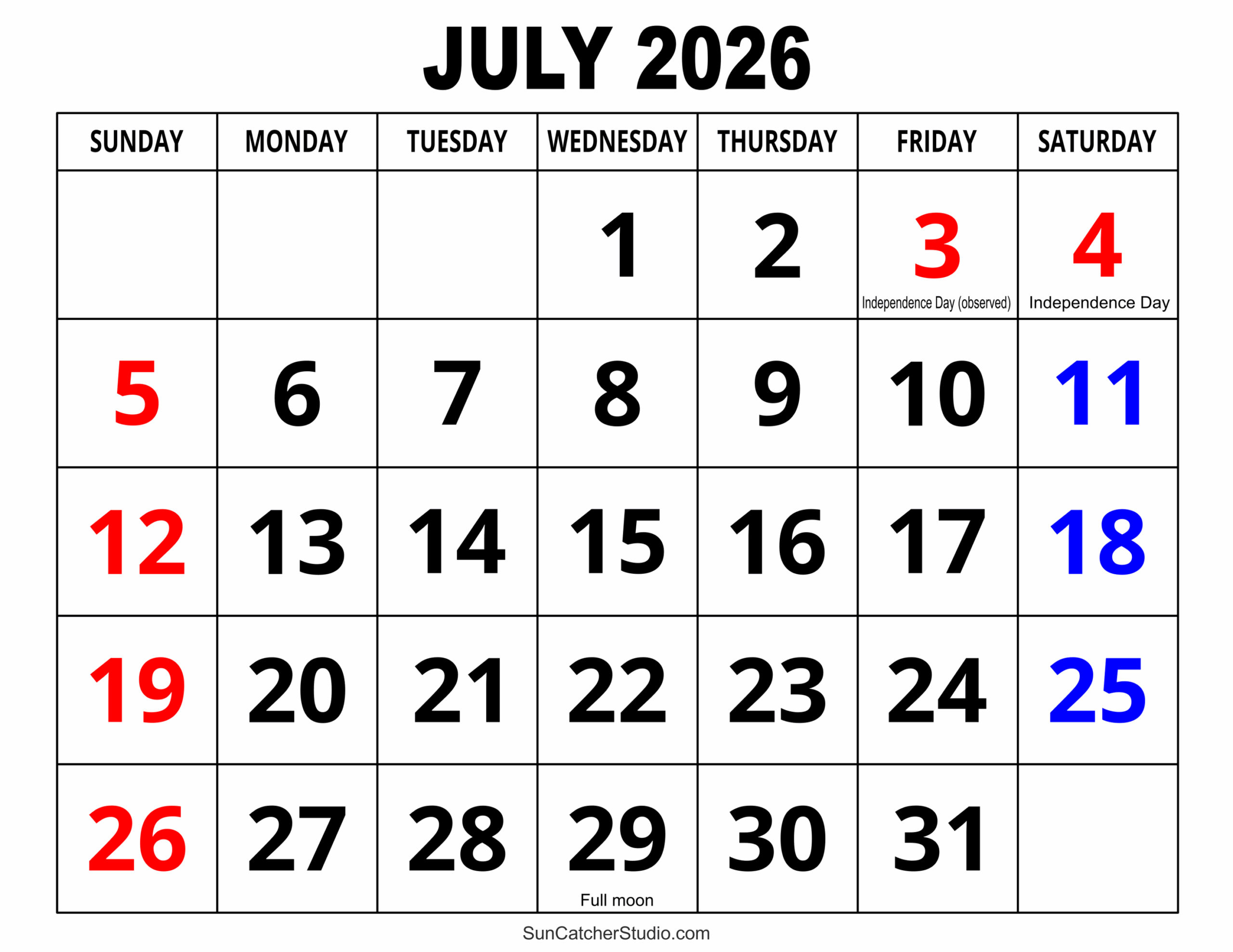 July Printable Calendar 2026