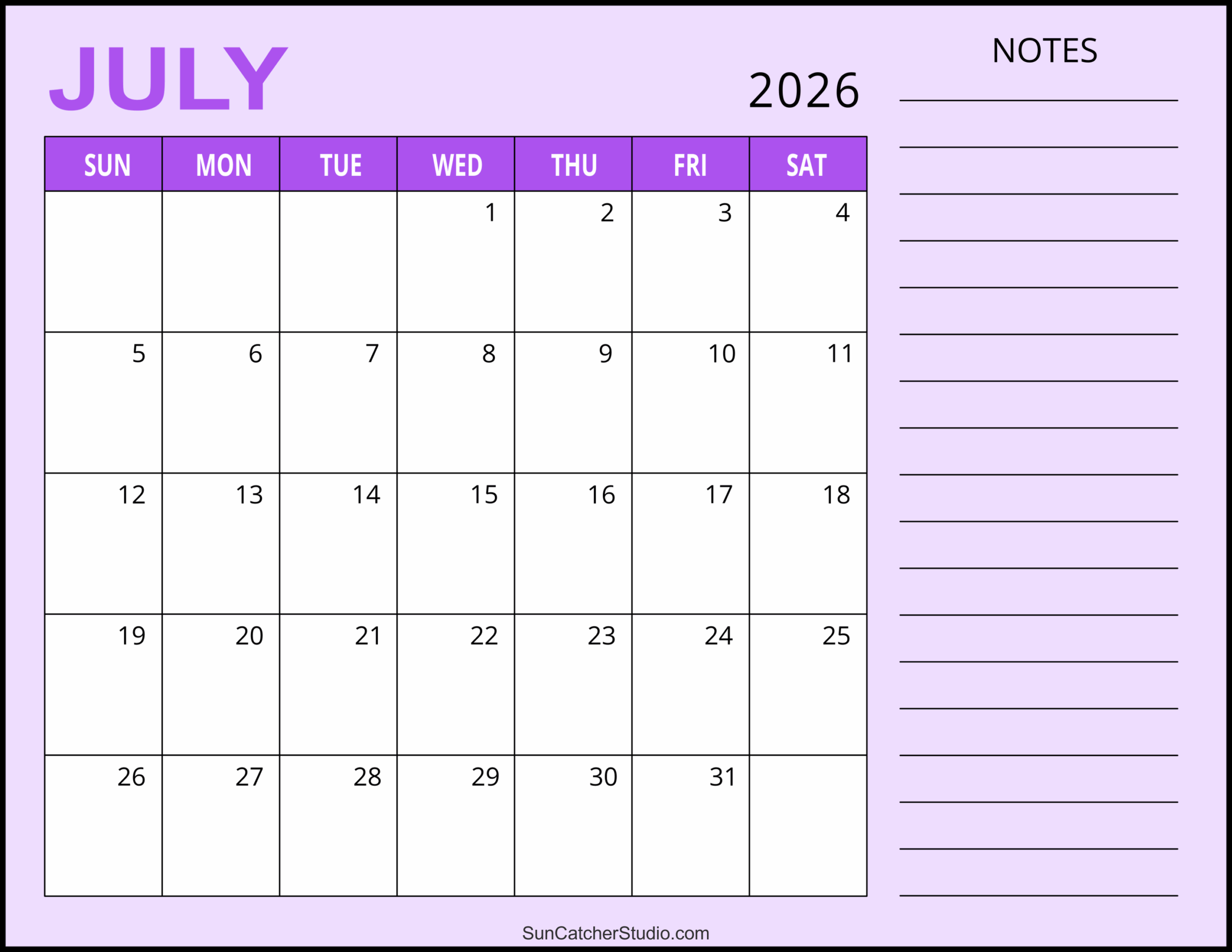 Blank July 2026 Calendar Printable Pdf