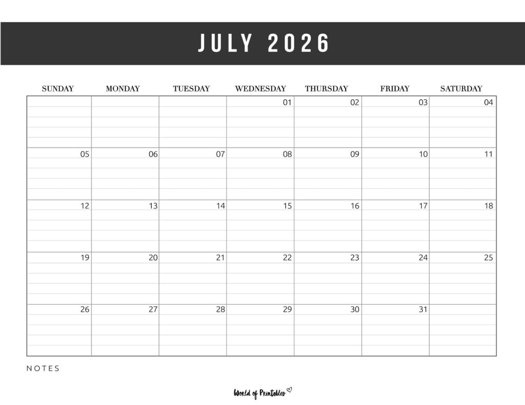 Blank Calendar Template July 2026 Printable