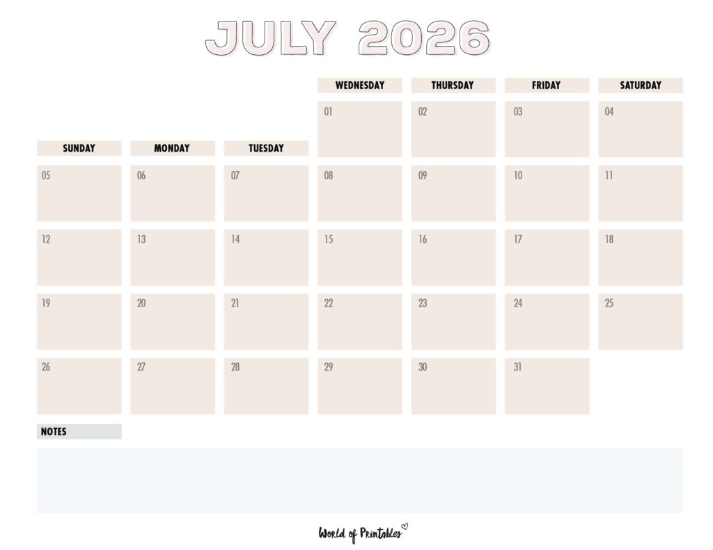 Blank Monthly Calendar Printable July 2026