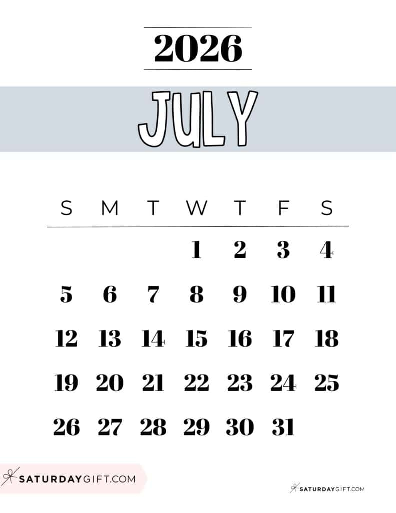 July 2026 Calendars 23 Cute Free Printable PDFs By SaturdayGift